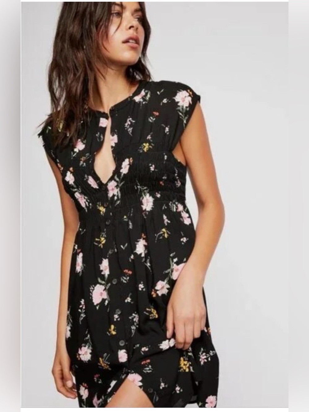 FREE PEOPLE Greatest Day Smocked Black Floral Mini Dress - Size Medium